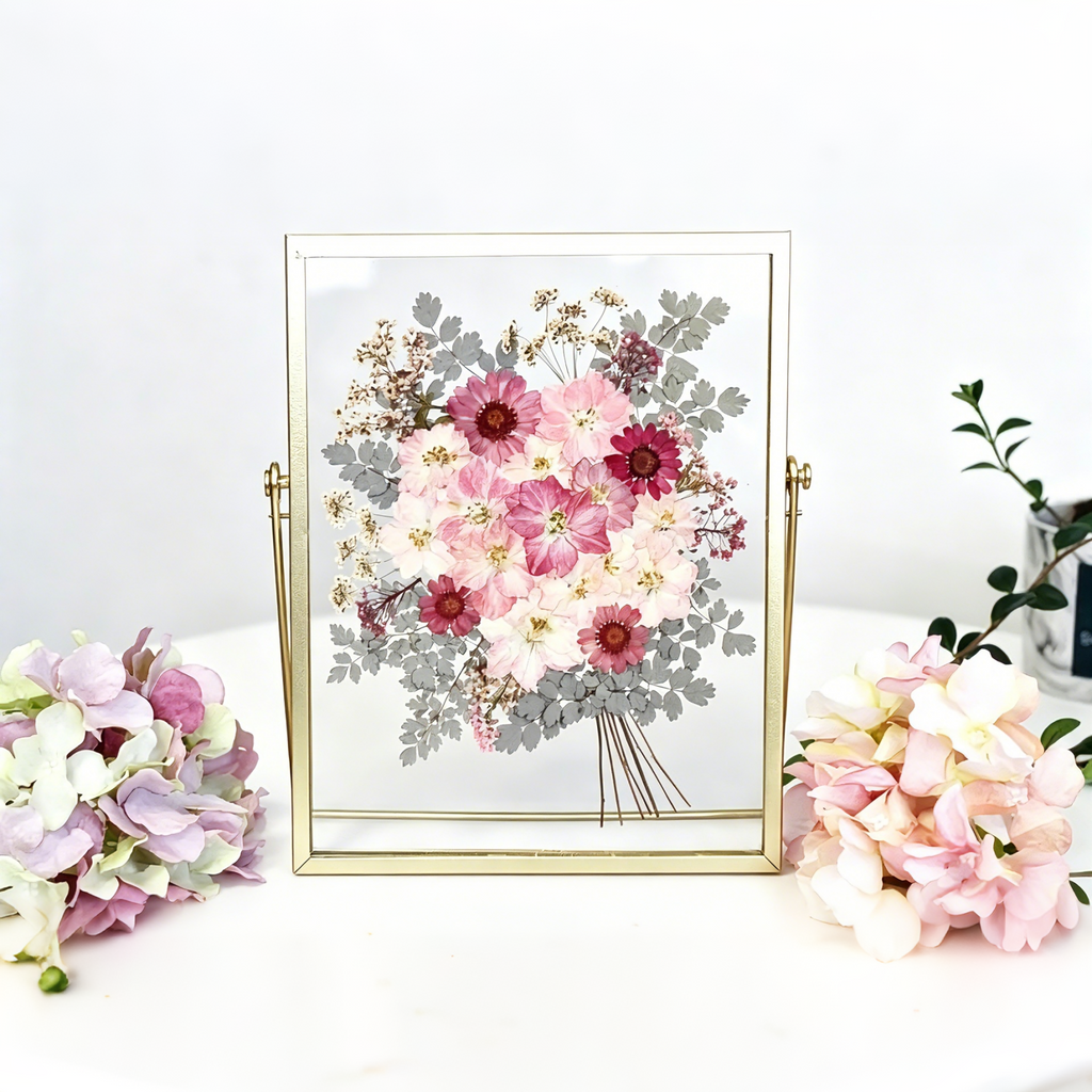 Gepresste Blume Herbarium Rahmen, Gold, 22,5 x 17,5 cm, Wanddekor, Acrylrahmen mit echten getrockneten Blumen