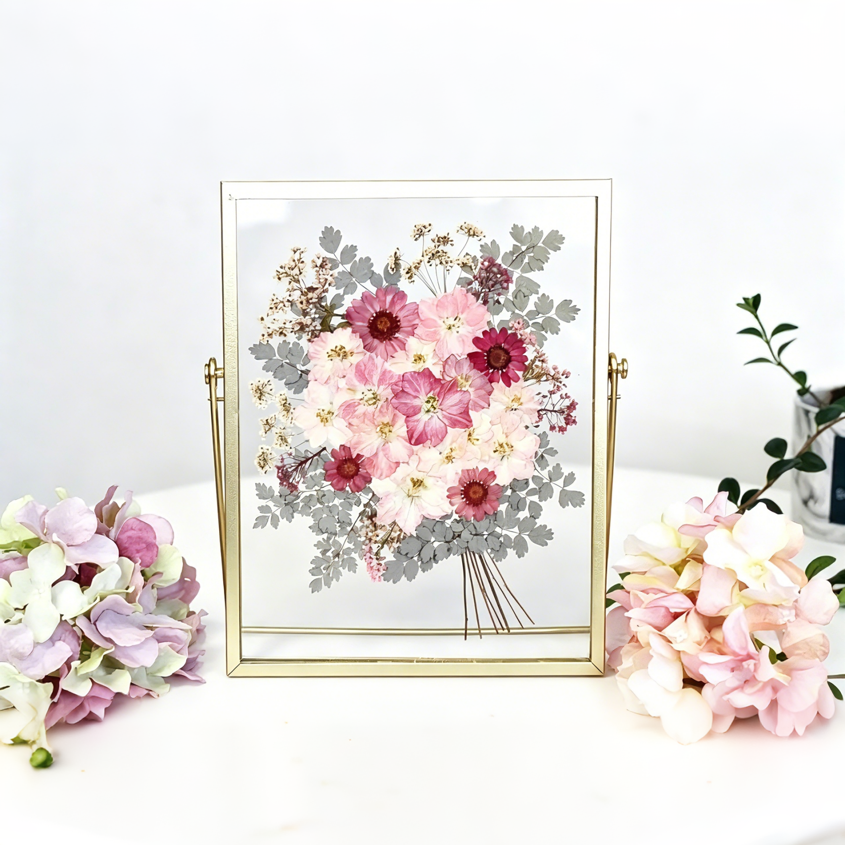 Gepresste Blume Herbarium Rahmen, Gold, 22,5 x 17,5 cm, Wanddekor, Acrylrahmen mit echten getrockneten Blumen