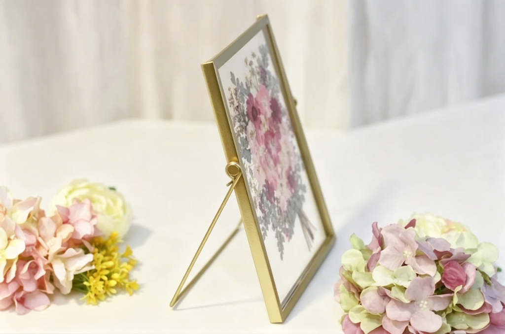 Gepresste Blume Herbarium Rahmen, Gold, 22,5 x 17,5 cm, Wanddekor, Acrylrahmen mit echten getrockneten Blumen