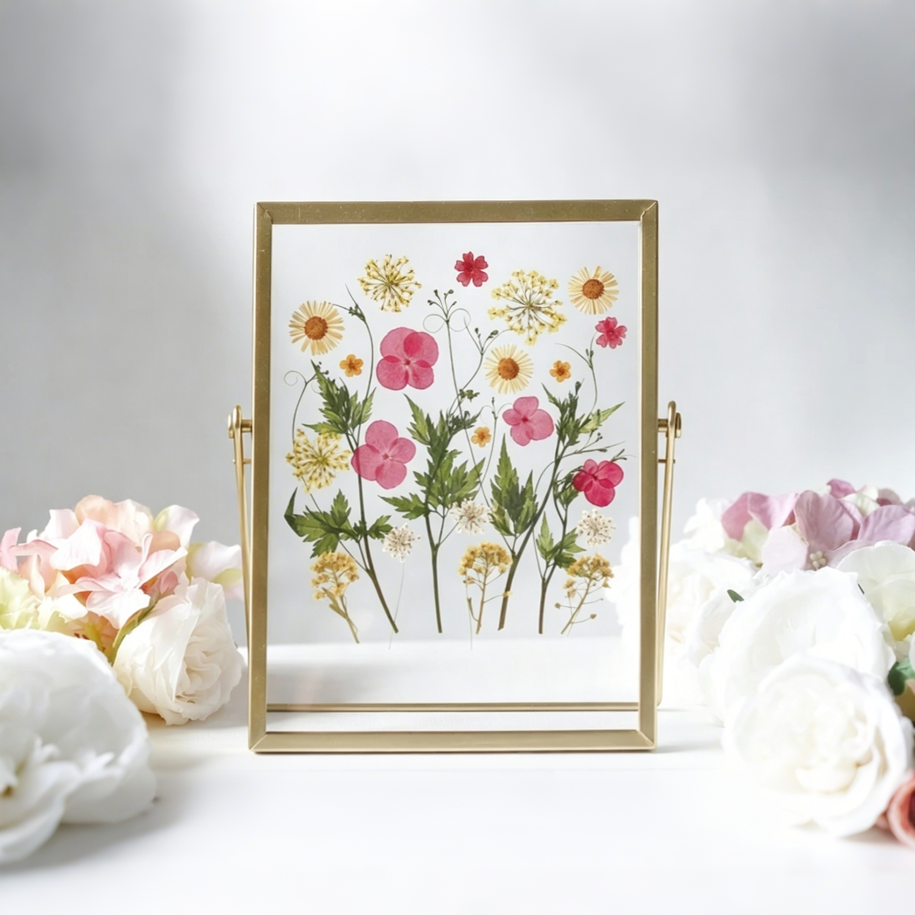 Acryl Bilderrahmen mit gepressten echten Blumen, Gold, 20,5 x 15,5 cm