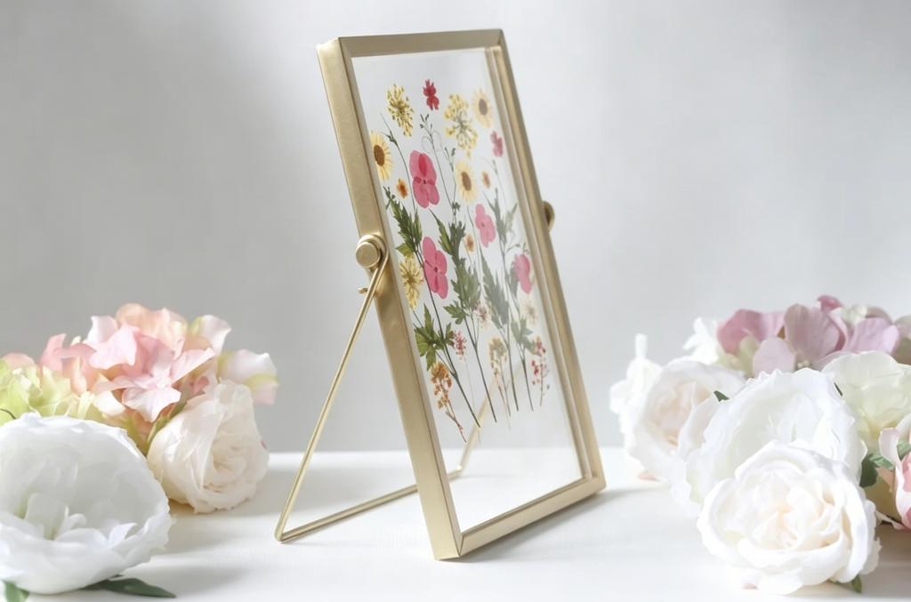 Acryl Bilderrahmen mit gepressten echten Blumen, Gold, 20,5 x 15,5 cm