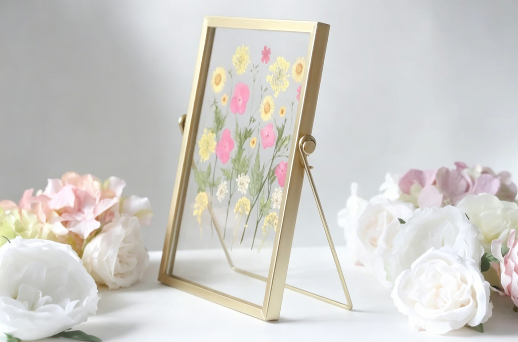 Acryl Bilderrahmen mit gepressten echten Blumen, Gold, 20,5 x 15,5 cm