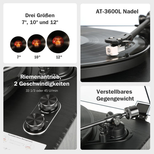 1byone Plattenspieler mit Lautsprechern Bluetooth AT 3600L Tonabnehmer Riemenantrieb Phono Vorverstärker RCA 33/45RPM