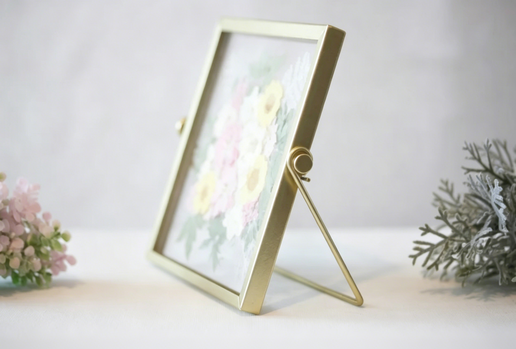 Gepresste Blume Herbarium Rahmen, Botanischer Rahmen, Blumenbild, Goldrahmen, 15x15 cm