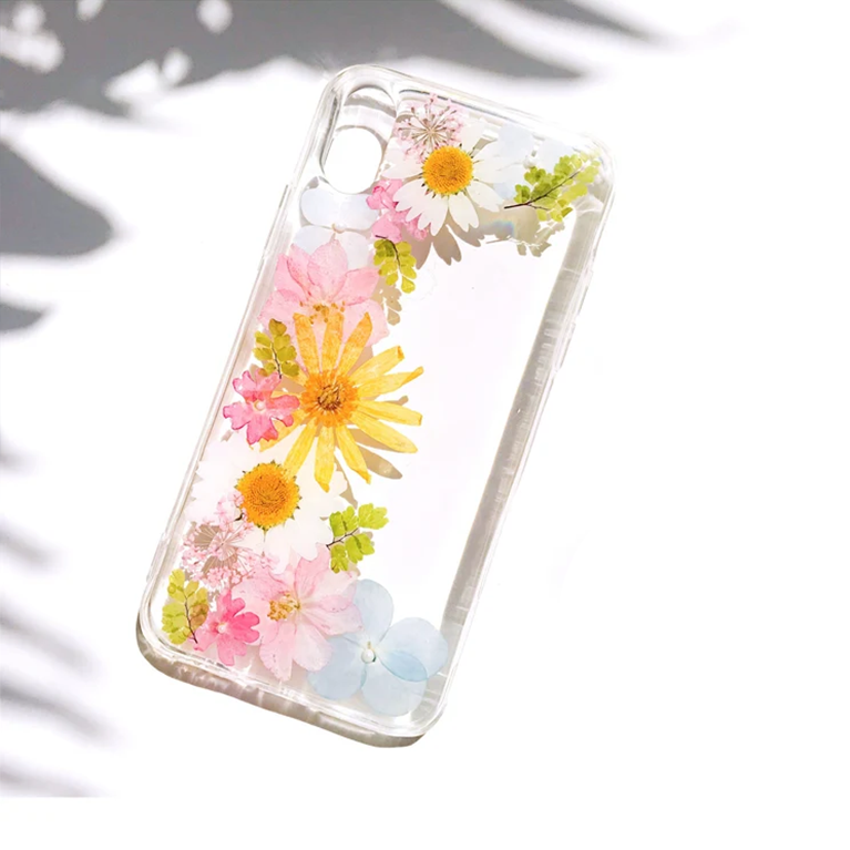 Gepresste Blumen Handyhülle für iPhone 7 8 X XS 11 12 13 14 Pro Max, Samsung Galaxy S20 S21 S23 FE, Google Pixel 5 6 7 Pro – Hartschale, Transparent