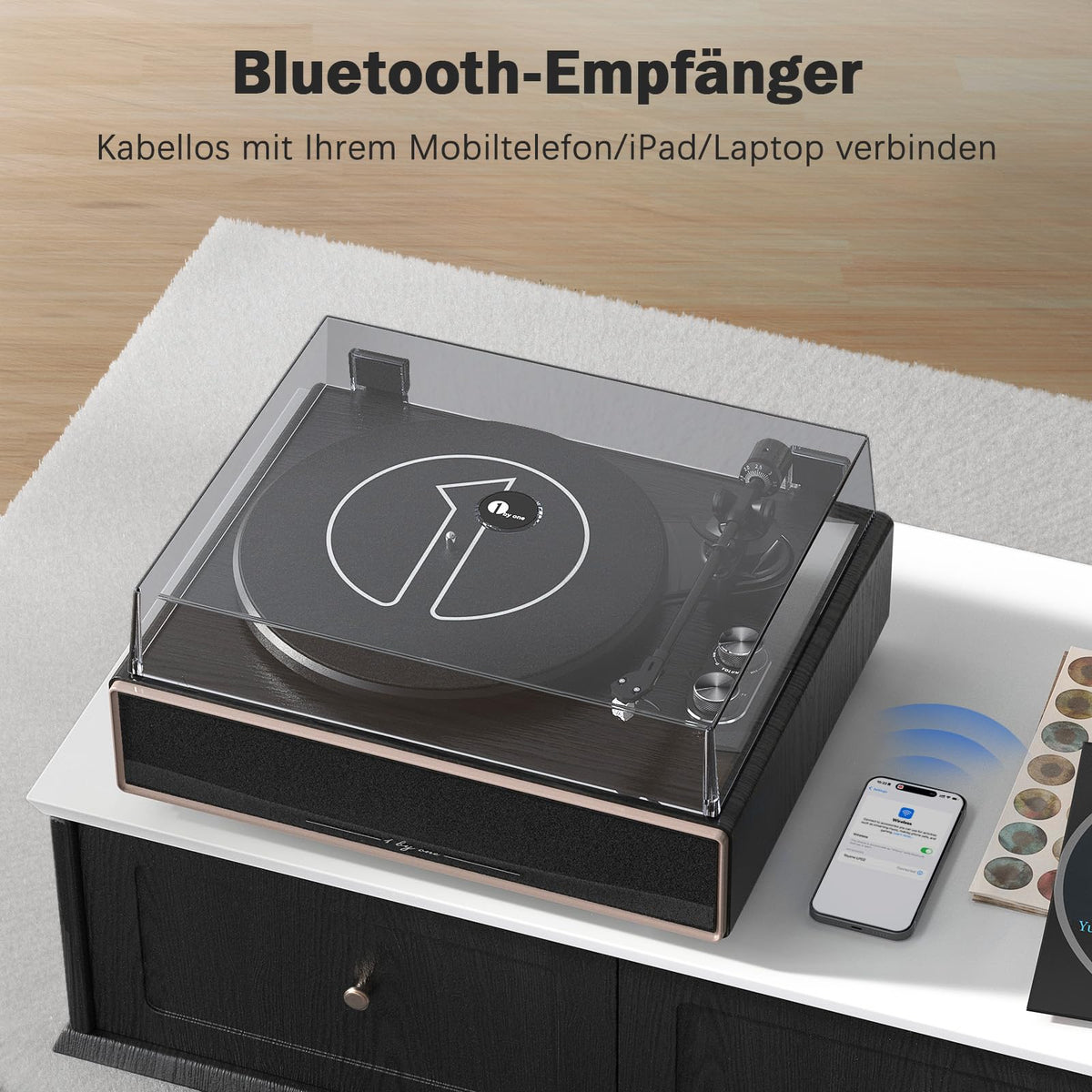 1byone Plattenspieler mit Lautsprechern Bluetooth AT 3600L Tonabnehmer Riemenantrieb Phono Vorverstärker RCA 33/45RPM