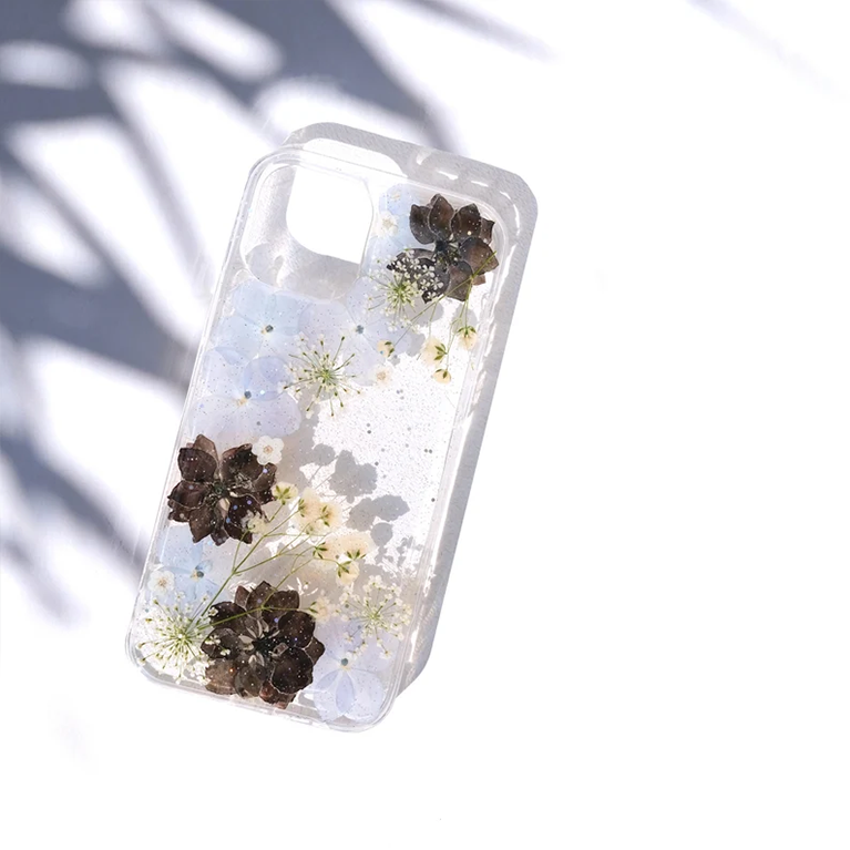 Gepresste Blumen Handyhülle für iPhone 16 15 14 13 12 11 Pro Max 8 X XR, Samsung S21 S22 S23 S24 Ultra, Google Pixel 6 7 8 9 Pro – Transparente Hartschale