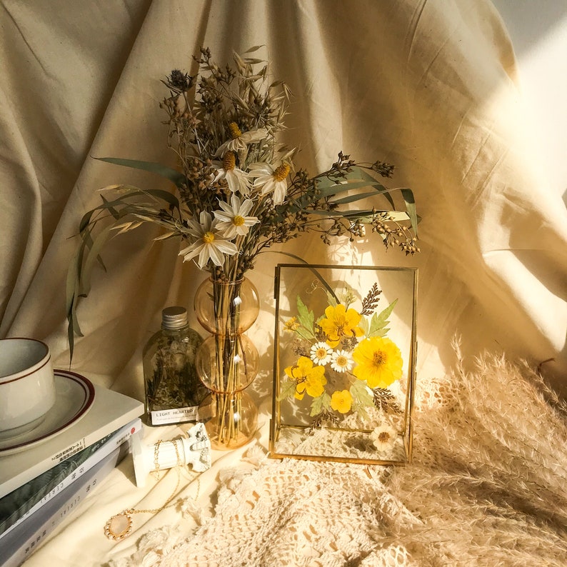 Gepresster Blumenrahmen aus Messing und Glas, botanische Wanddekoration, Blumenkunst im Vintage-Stil, 17,5 x 12,7 cm