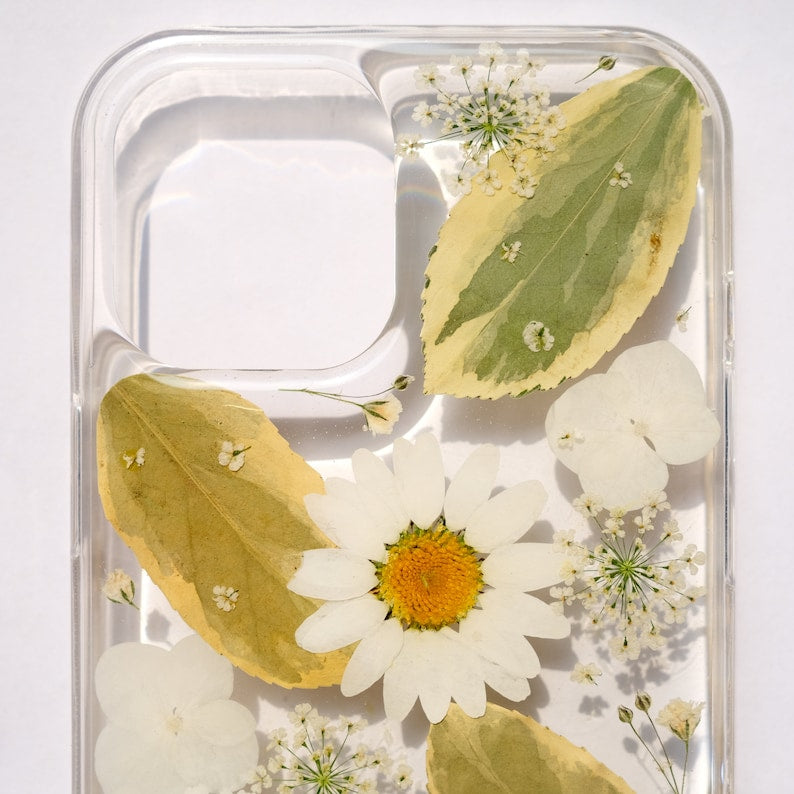 Gepresste Blume Handyhülle für iPhone 8 X 11 12 13 14 15 Pro Max, Samsung Galaxy S22 S23 FE A52 A72, Google Pixel 5 6 7 8 Pro – Transparente Hartschale, Stoßfest