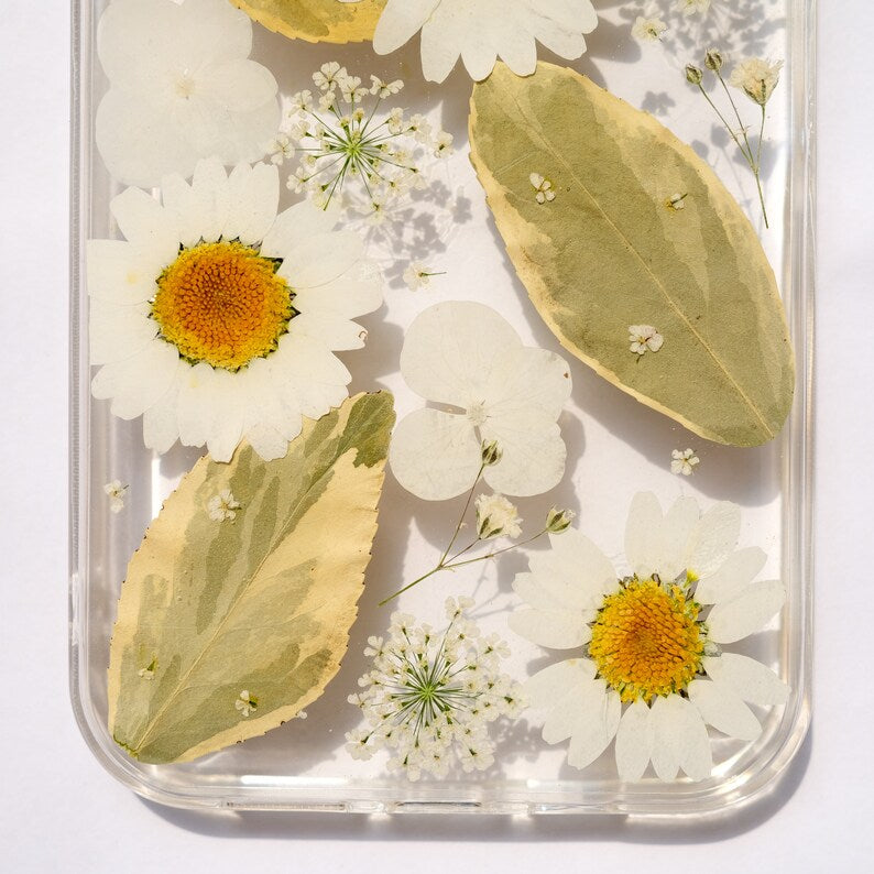 Gepresste Blume Handyhülle für iPhone 8 X 11 12 13 14 15 Pro Max, Samsung Galaxy S22 S23 FE A52 A72, Google Pixel 5 6 7 8 Pro – Transparente Hartschale, Stoßfest