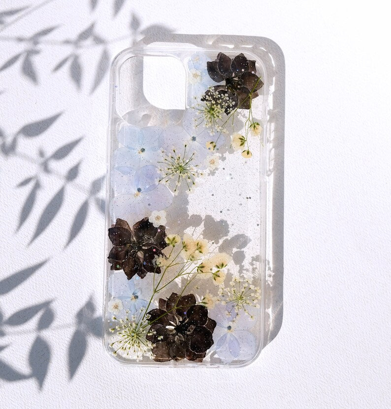 Gepresste Blumen Handyhülle für iPhone 16 15 14 13 12 11 Pro Max 8 X XR, Samsung S21 S22 S23 S24 Ultra, Google Pixel 6 7 8 9 Pro – Transparente Hartschale