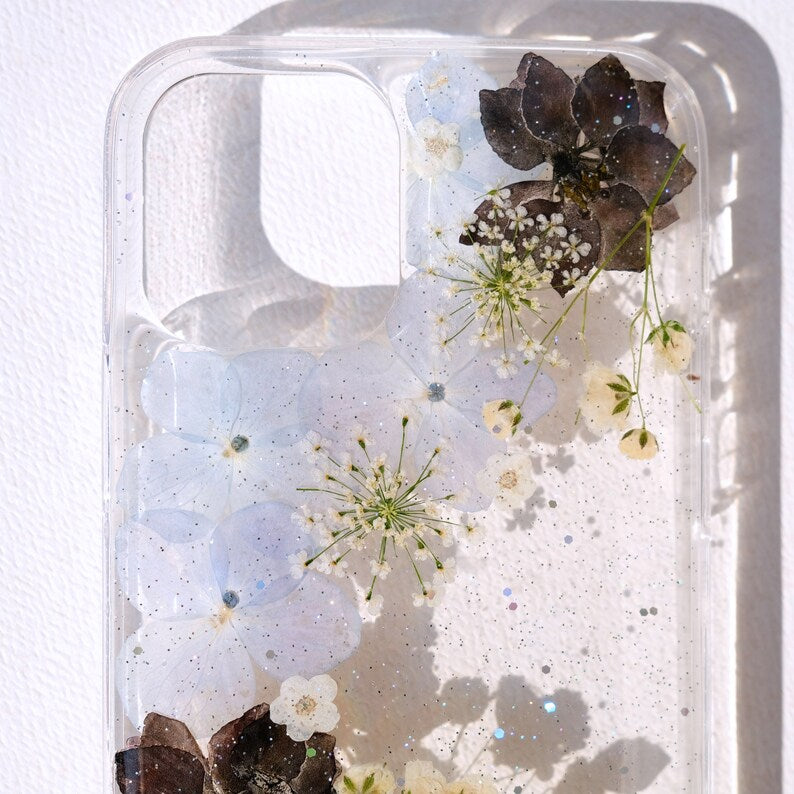 Gepresste Blumen Handyhülle für iPhone 16 15 14 13 12 11 Pro Max 8 X XR, Samsung S21 S22 S23 S24 Ultra, Google Pixel 6 7 8 9 Pro – Transparente Hartschale