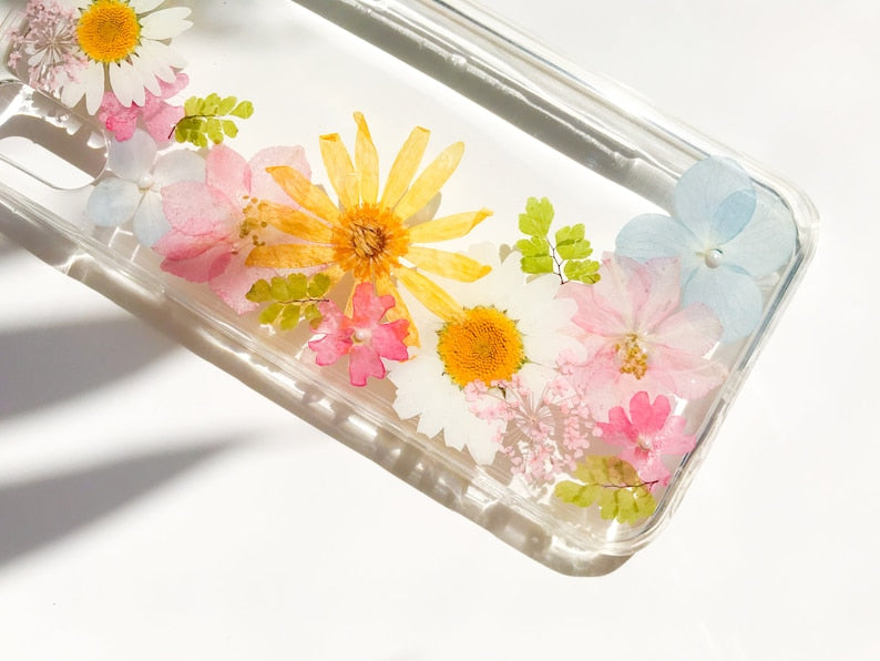 Gepresste Blumen Handyhülle für iPhone 7 8 X XS 11 12 13 14 Pro Max, Samsung Galaxy S20 S21 S23 FE, Google Pixel 5 6 7 Pro – Hartschale, Transparent