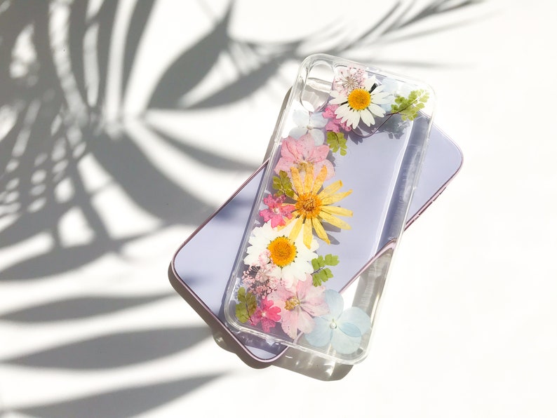 Gepresste Blumen Handyhülle für iPhone 7 8 X XS 11 12 13 14 Pro Max, Samsung Galaxy S20 S21 S23 FE, Google Pixel 5 6 7 Pro – Hartschale, Transparent