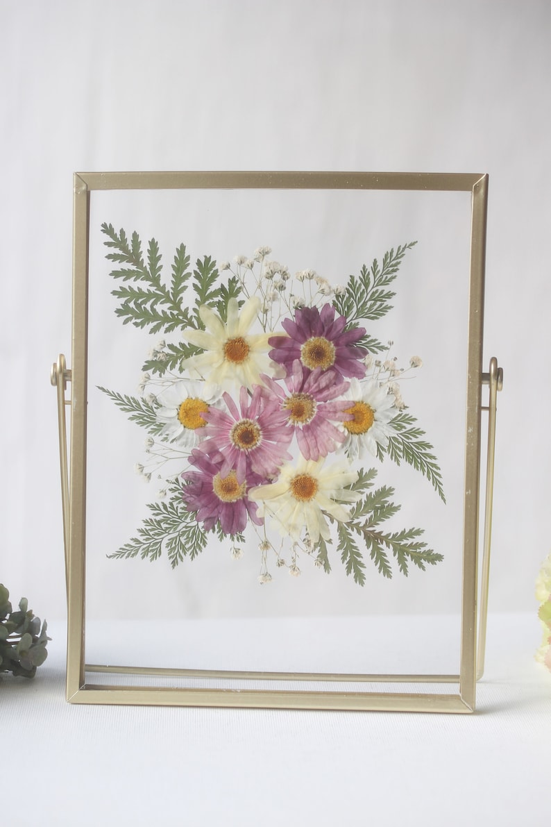 Gepresster Blumenrahmen, botanischer schwimmender Rahmen aus Acryl, getrocknete echte Blumen, Gold, H22,5 x B17,5 cm