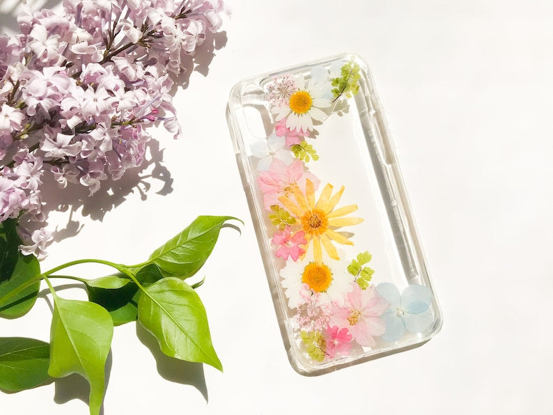 Gepresste Blumen Handyhülle für iPhone 7 8 X XS 11 12 13 14 Pro Max, Samsung Galaxy S20 S21 S23 FE, Google Pixel 5 6 7 Pro – Hartschale, Transparent