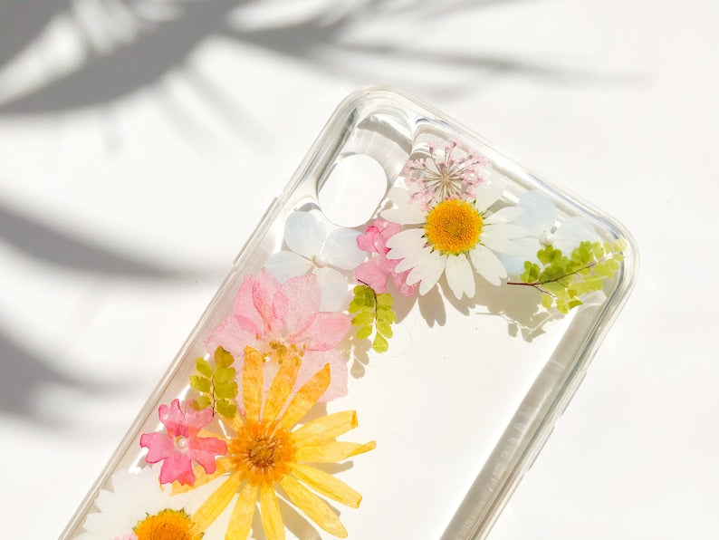 Gepresste Blumen Handyhülle für iPhone 7 8 X XS 11 12 13 14 Pro Max, Samsung Galaxy S20 S21 S23 FE, Google Pixel 5 6 7 Pro – Hartschale, Transparent