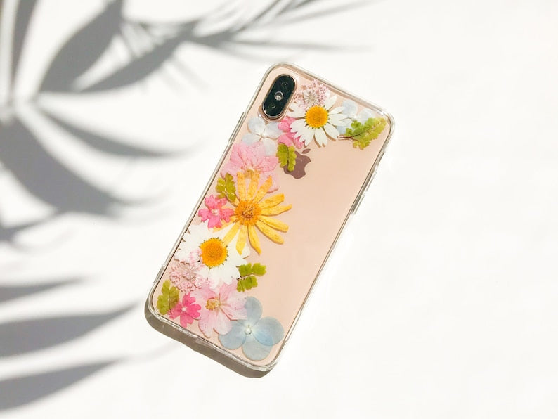 Gepresste Blumen Handyhülle für iPhone 7 8 X XS 11 12 13 14 Pro Max, Samsung Galaxy S20 S21 S23 FE, Google Pixel 5 6 7 Pro – Hartschale, Transparent