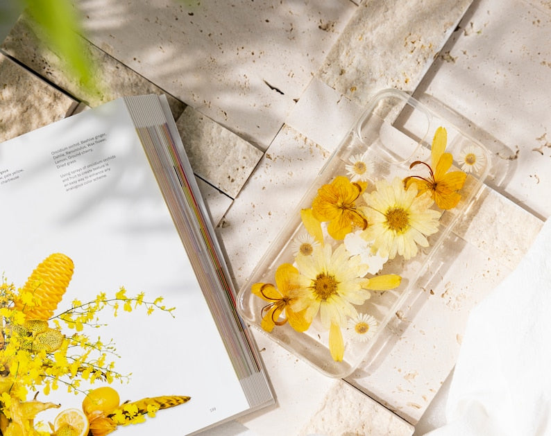 Gepresste Blumen Handyhülle für iPhone 16 15 14 13 12 11 Pro Max X, Samsung Galaxy A32 S20 S21 FE S22 S23, Google Pixel 5 6 7 Pro – Transparentes Hartschalen-Case