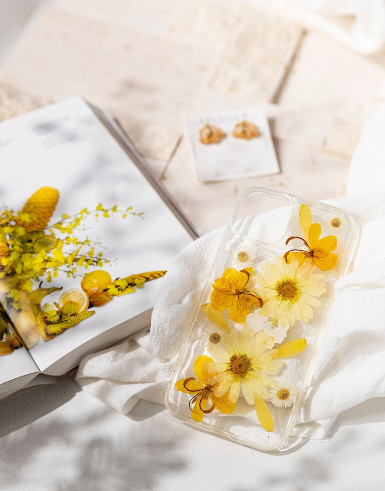 Gepresste Blumen Handyhülle für iPhone 16 15 14 13 12 11 Pro Max X, Samsung Galaxy A32 S20 S21 FE S22 S23, Google Pixel 5 6 7 Pro – Transparentes Hartschalen-Case