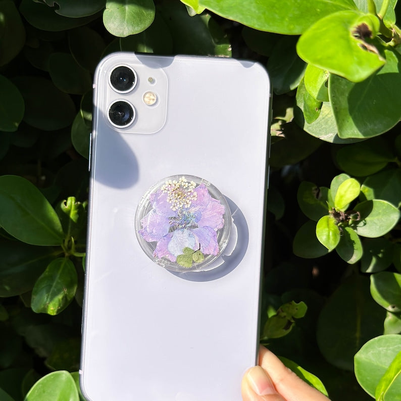 Gepresster lila Blumen-Telefon-Griffhalter, echte getrocknete Blumen, Telefon-Ständer, Telefon-Anhänger