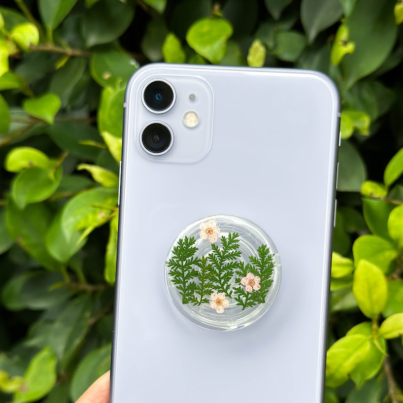 Weihnachtsbaum Telefon Griff, echte Narzisse rosa Blume Halter, getrocknete Blätter Handy Griff, Harz gepresste Blume Handy Zubehör