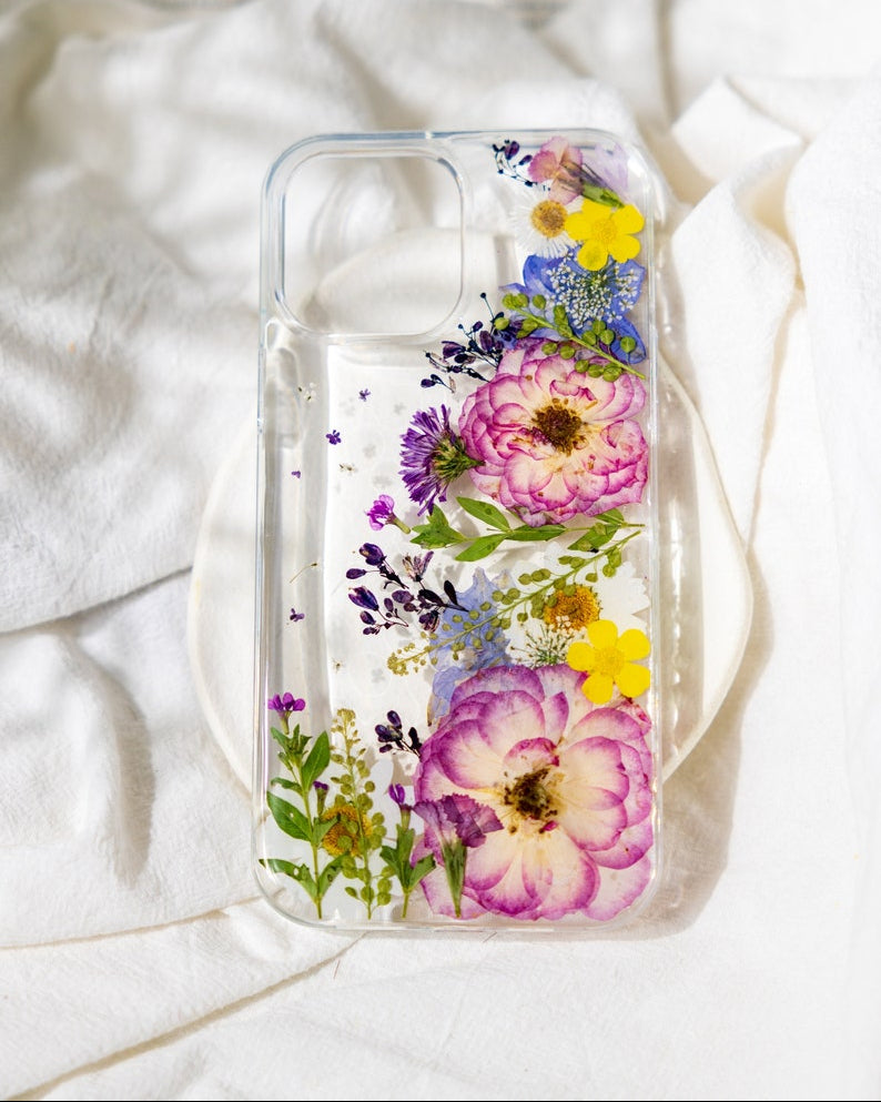 Handyhülle mit echten gepressten Blumen für iPhone 17, 16, 15, 14, 13, 12, 11 Pro Max, X, Samsung Galaxy S23, S24, S25 Ultra, Google Pixel 8, 9, 10 Pro