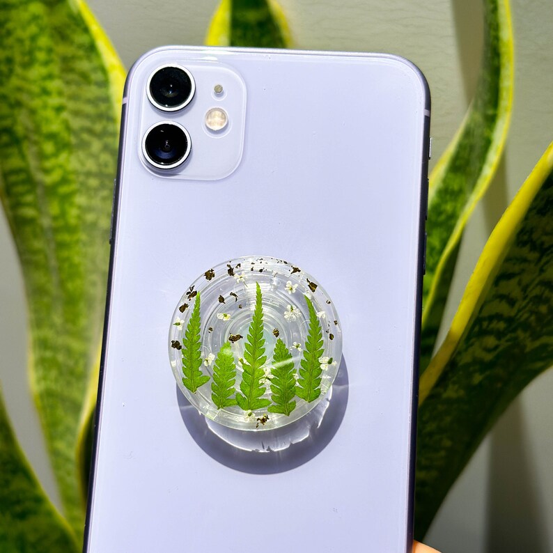 Grünes Blatt Telefon Griff Halter aus Harz mit gepresster Blume, Kleber oder magnetisch, kompatibel mit iPhone 12-15 und anderen Handys, 25 x 45 mm