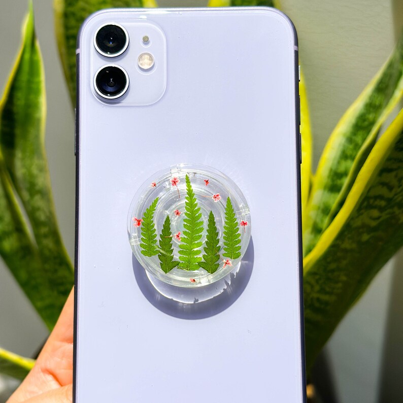 Grünes Blatt Telefon Griff Halter aus Harz mit gepresster Blume, Kleber oder magnetisch, kompatibel mit iPhone 12-15 und anderen Handys, 25 x 45 mm