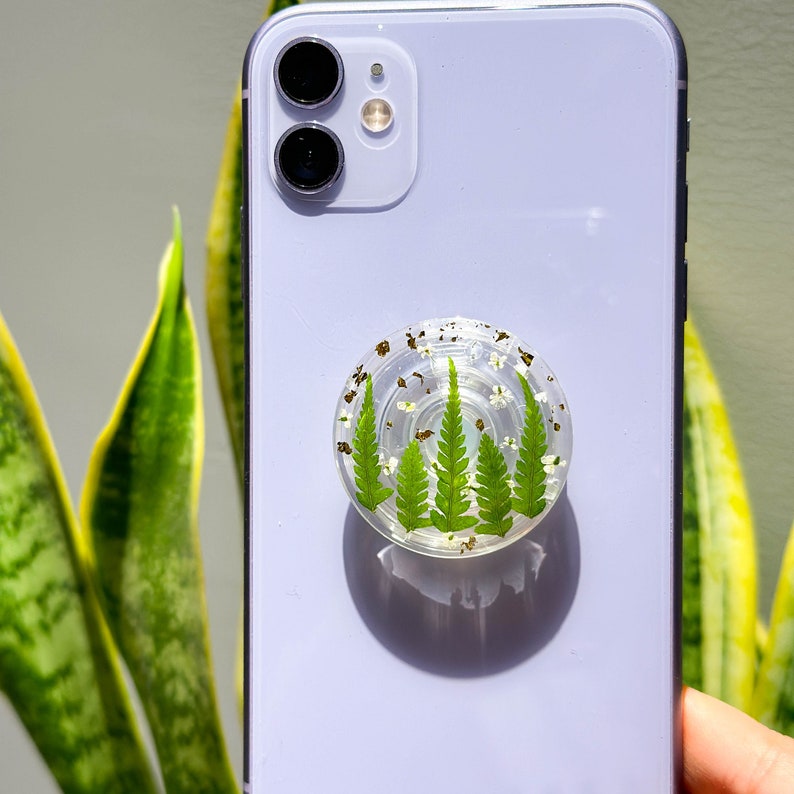 Grünes Blatt Telefon Griff Halter aus Harz mit gepresster Blume, Kleber oder magnetisch, kompatibel mit iPhone 12-15 und anderen Handys, 25 x 45 mm