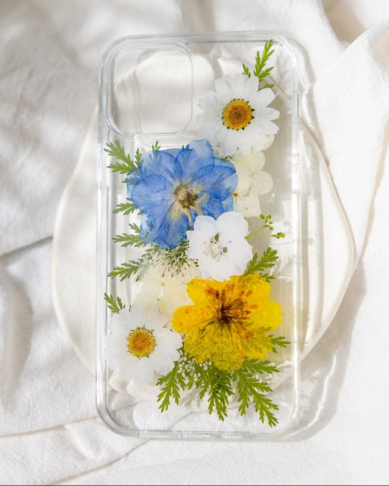 Handyhülle mit echten gepressten Blumen für iPhone 17, 16, 15, 14, 13, 12, 11 Pro Max, X, Samsung Galaxy S23, S24, S25 Ultra, Google Pixel 8, 9, 10 Pro
