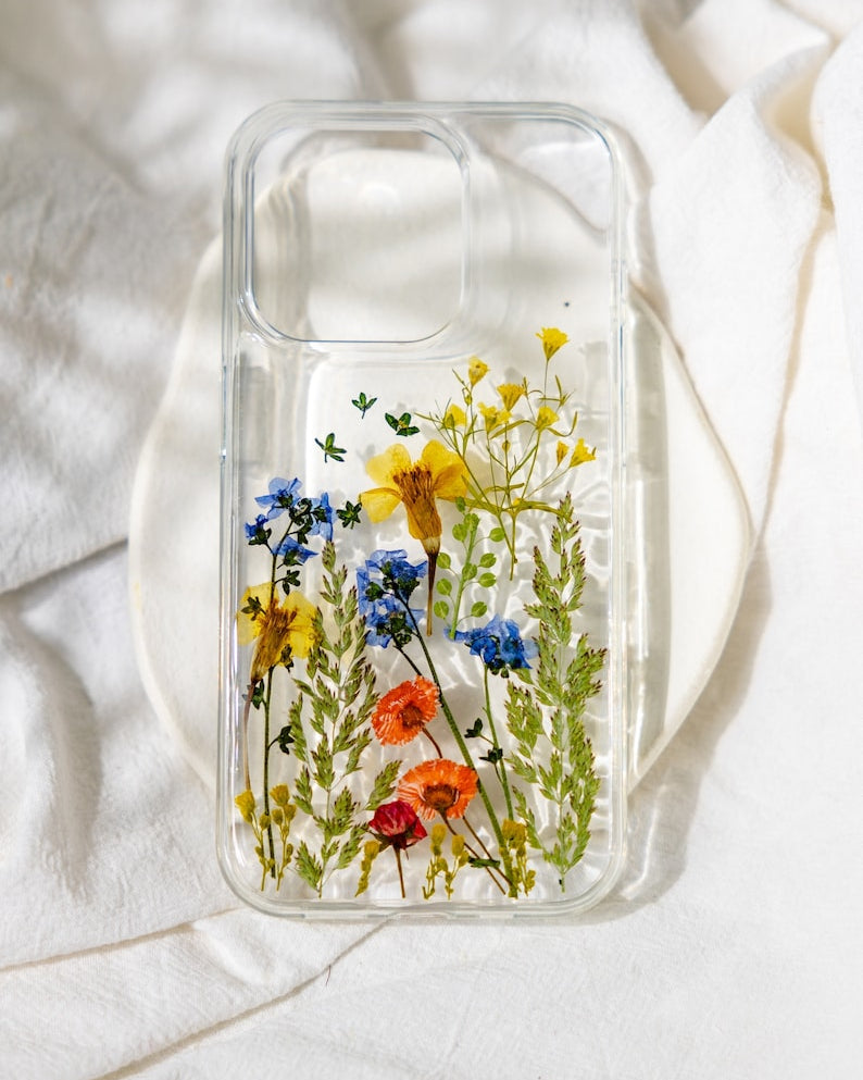Handyhülle mit echten gepressten Blumen für iPhone 17, 16, 15, 14, 13, 12, 11 Pro Max, X, Samsung Galaxy S23, S24, S25 Ultra, Google Pixel 8, 9, 10 Pro