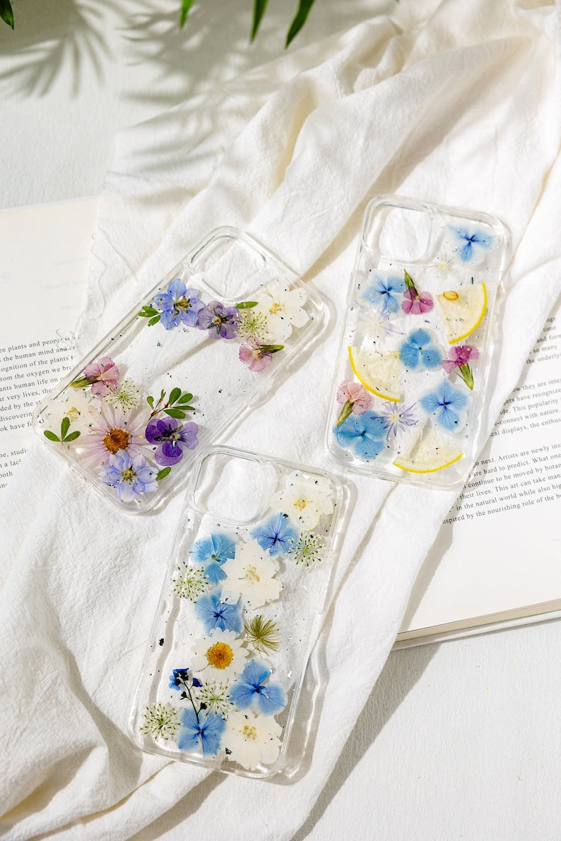 Gepresste Blume Handyhülle für iPhone 16 15 14 13 12 11 Pro Max X SE, Samsung Galaxy S22 S23 S24 S25 Ultra, Google Pixel 6 7 8 9 Pro XL – Transparentes TPU