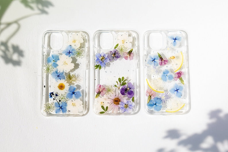 Gepresste Blume Handyhülle für iPhone 16 15 14 13 12 11 Pro Max X SE, Samsung Galaxy S22 S23 S24 S25 Ultra, Google Pixel 6 7 8 9 Pro XL – Transparentes TPU