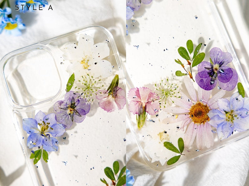 Gepresste Blume Handyhülle für iPhone 16 15 14 13 12 11 Pro Max X SE, Samsung Galaxy S22 S23 S24 S25 Ultra, Google Pixel 6 7 8 9 Pro XL – Transparentes TPU