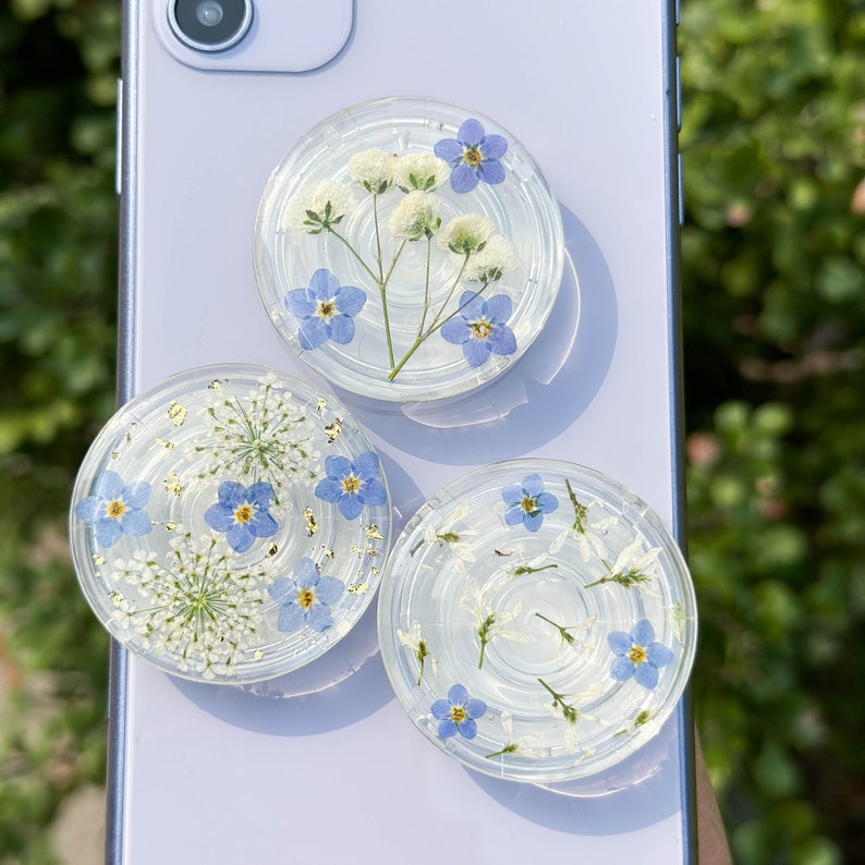 Vergissmeinnicht Handy Griff Halter, Getrocknete Blume Handy Charm, Gepresste Blume Handy Griff, Harz Acryl, 4 cm