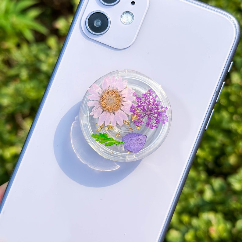 Gänseblümchen gepresste Blumen Telefon Griffhalter, getrocknete Farn Blatt echte Pflanze Telefon Griff, Goldfolie Handy Charme