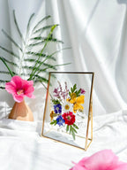 Gepresste Blumenrahmen 17,5x12,7 cm, Doppelglas Messingrahmen, echte getrocknete Blumen, botanische Wandkunst, Trockenblumenkunst
