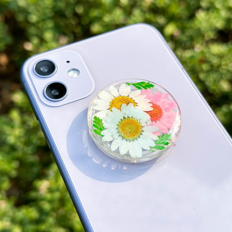 Gänseblümchen gepresste Blumen Telefon Griffhalter, getrocknete Farn Blatt echte Pflanze Telefon Griff, Goldfolie Handy Charme
