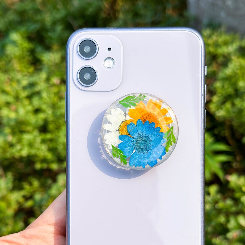 Gänseblümchen gepresste Blumen Telefon Griffhalter, getrocknete Farn Blatt echte Pflanze Telefon Griff, Goldfolie Handy Charme