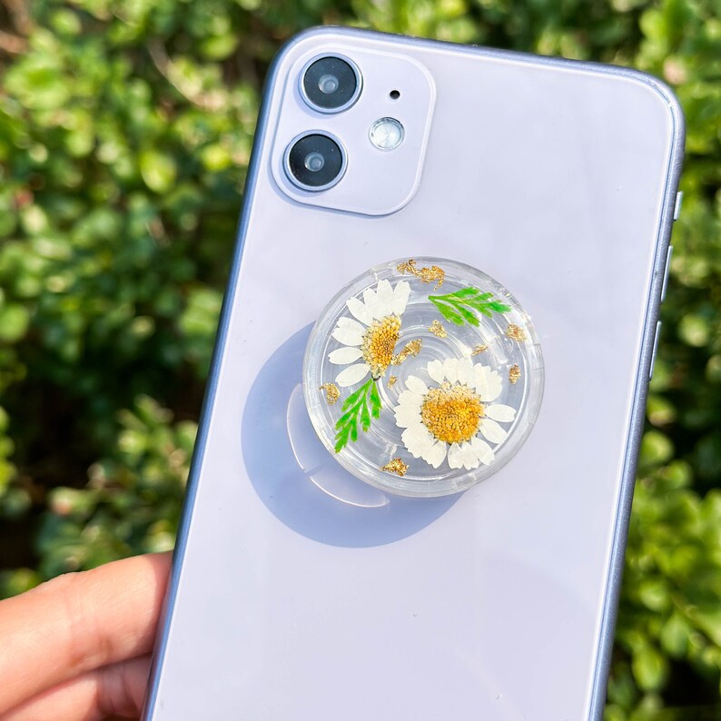 Gänseblümchen gepresste Blumen Telefon Griffhalter, getrocknete Farn Blatt echte Pflanze Telefon Griff, Goldfolie Handy Charme