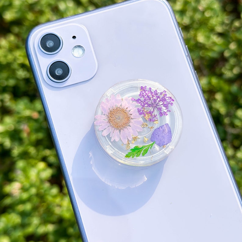 Gänseblümchen gepresste Blumen Telefon Griffhalter, getrocknete Farn Blatt echte Pflanze Telefon Griff, Goldfolie Handy Charme