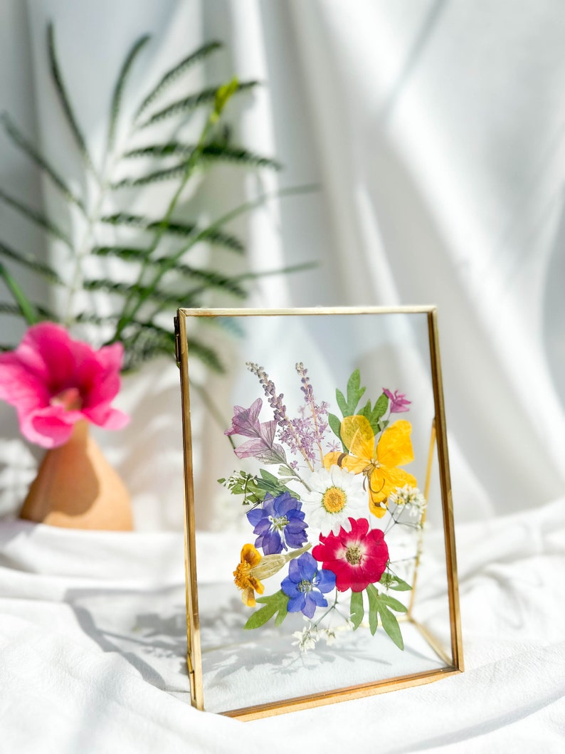 Gepresste Blumenrahmen 17,5x12,7 cm, Doppelglas Messingrahmen, echte getrocknete Blumen, botanische Wandkunst, Trockenblumenkunst