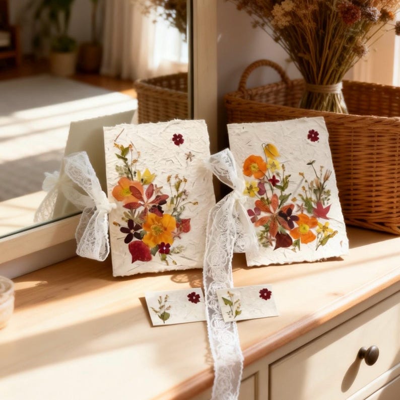 Gepresste Blumen Hochzeitskarte mit Blumenstrauß-Design, 15x20 cm, handgeschöpftes Papier, blanko oder mit Namen, Andenken Geschenk