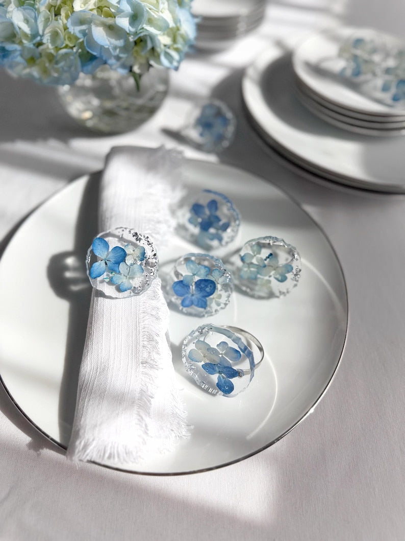 Silber Serviettenringe mit Blauer Blume Hortensie, Handgefertigt, 4 cm Ringdurchmesser