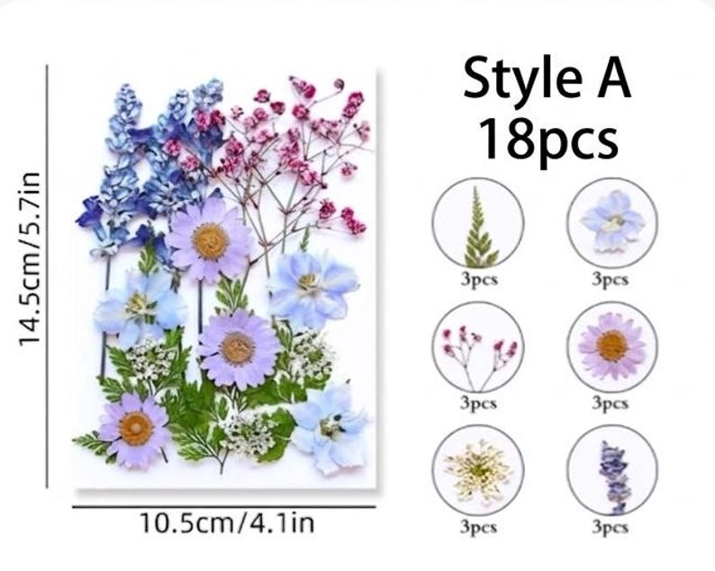 18 Stück Echte Gepresste Blumen Set, 7 Farbthemen, Getrocknete Blumen für Resin Art, Kerzen, Nailart, Scrapbooking