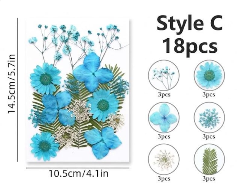 18 Stück Echte Gepresste Blumen Set, 7 Farbthemen, Getrocknete Blumen für Resin Art, Kerzen, Nailart, Scrapbooking