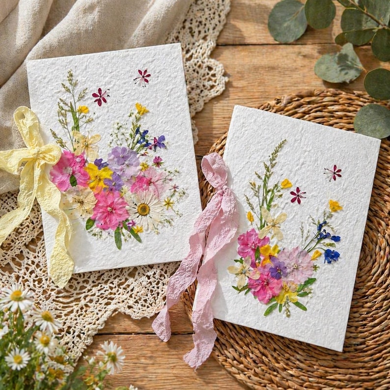 Grußkarte mit echten gepressten Blumen, handgefertigt, botanische Kunst, 20 x 14 cm, Hochzeitskarte, Erinnerungsgeschenk