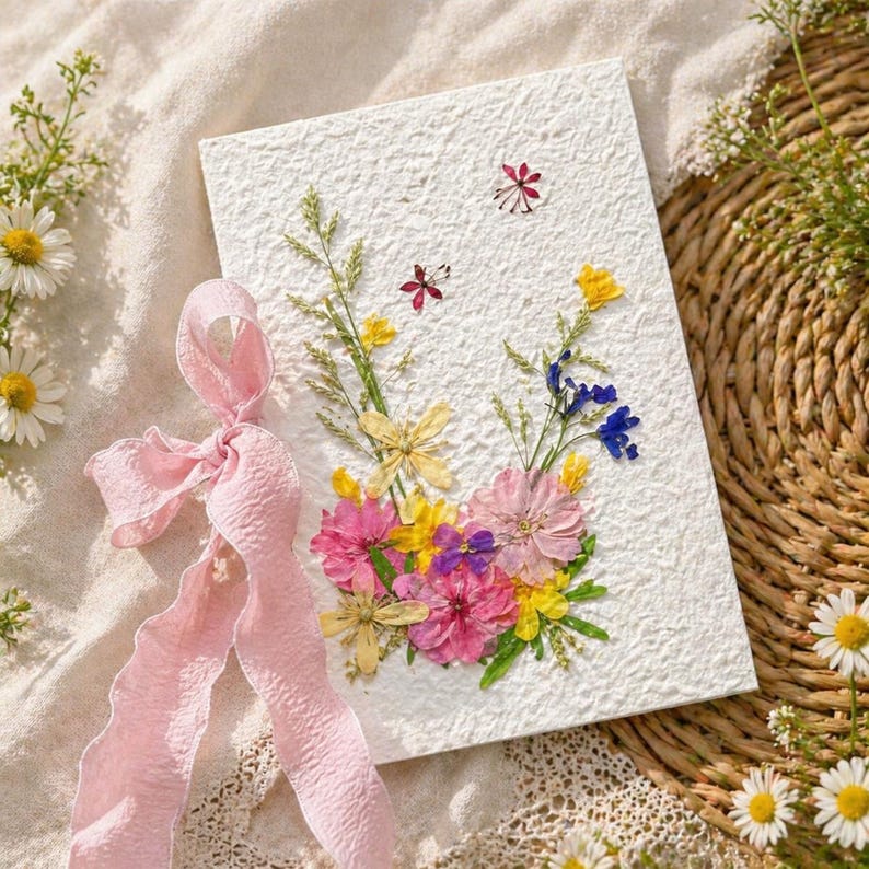 Grußkarte mit echten gepressten Blumen, handgefertigt, botanische Kunst, 20 x 14 cm, Hochzeitskarte, Erinnerungsgeschenk