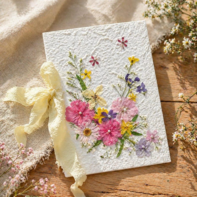 Grußkarte mit echten gepressten Blumen, handgefertigt, botanische Kunst, 20 x 14 cm, Hochzeitskarte, Erinnerungsgeschenk